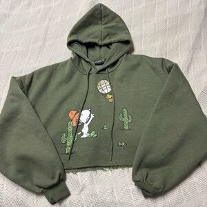 Peanuts Olive Green Cropped Hoodie with Branded Neck Label